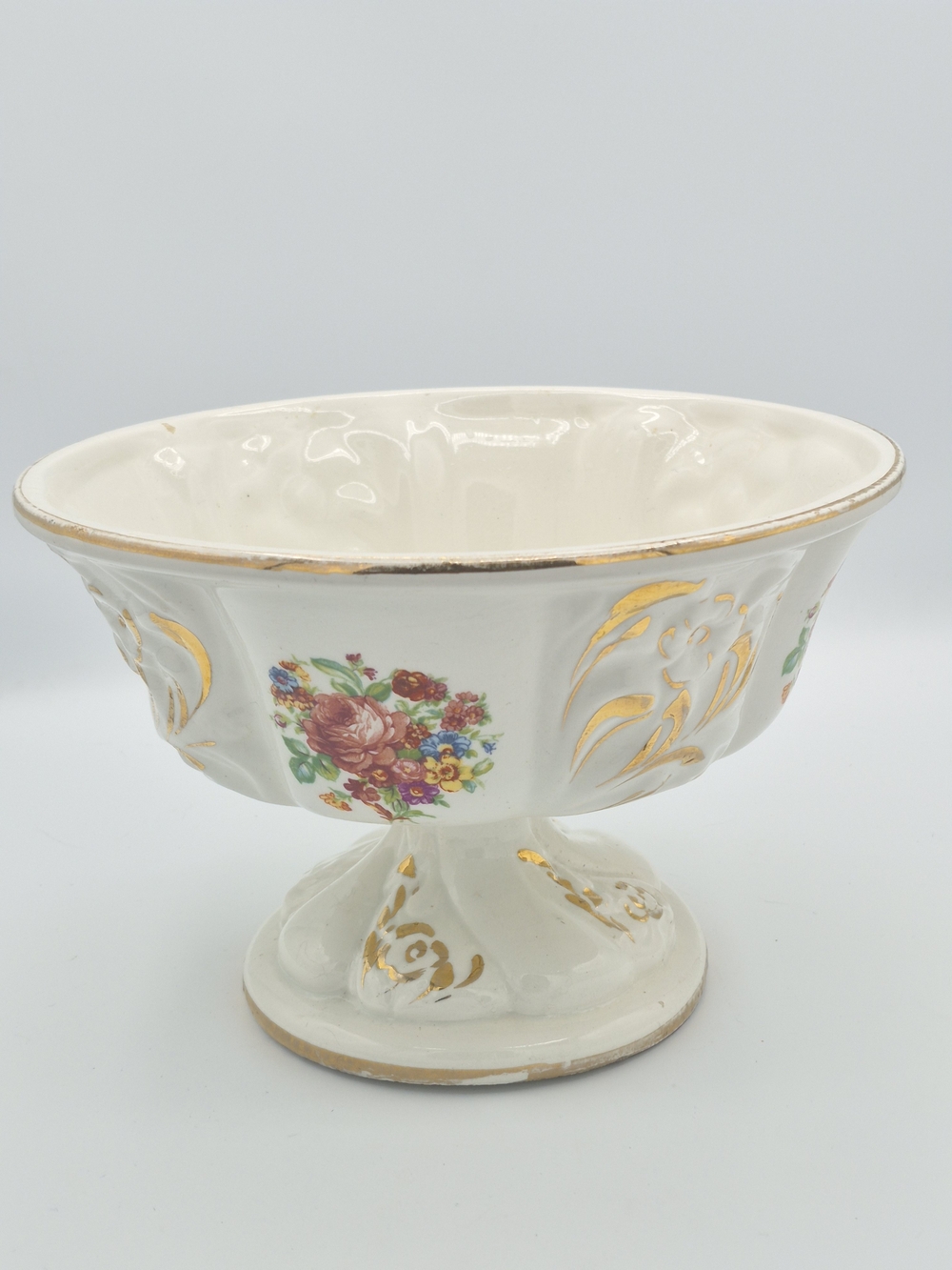 Vintage Italian Pottery White and Gold Floral Pedestal Bowl - Classic Home Art